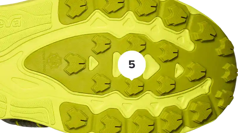 Close-up of a yellow shoe sole with tread pattern.