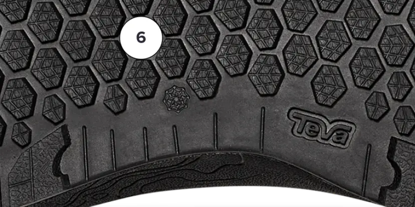 Close-up of a black rubber mat with hexagonal patterns and 'Teva' branding.