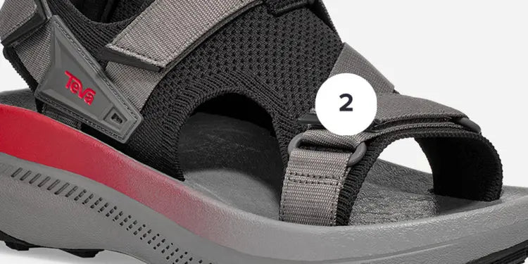 Gray sandal with red sole on a white background