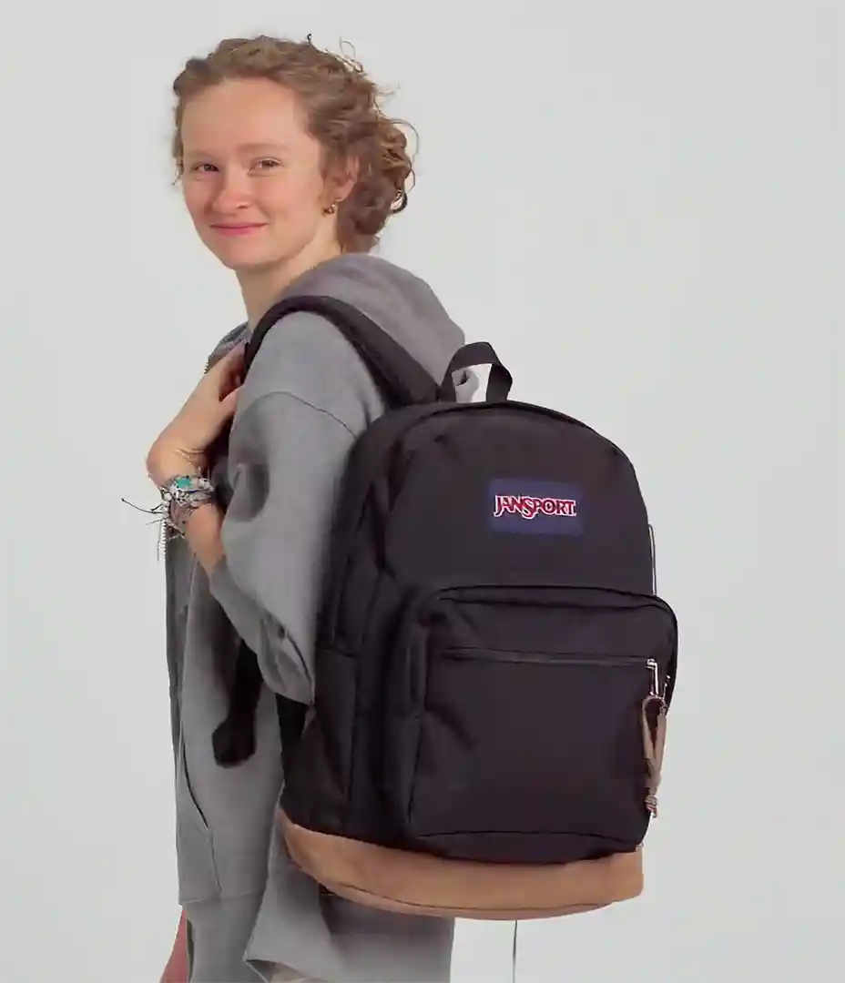 A young student showing a Jansport Right Pack backpack